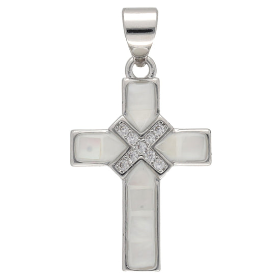 Kreuz-Anhänger mit Muschel und Zirkonia, platinfarben