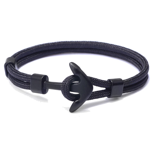 Segeltau-Armband mit Anker — Polyester-Cord, 21 cm, Schwarz oder Grün