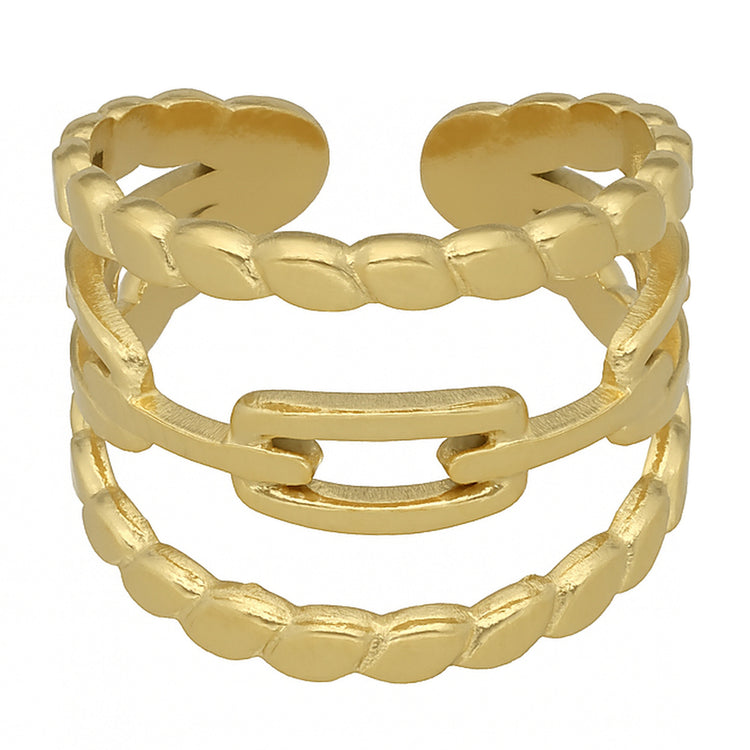 Edelstahl Ring vergoldet – dreifache Schiene mit Gliedern, offen