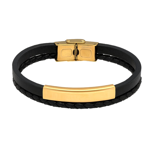 Herren-Armband doppelt, Kunstleder mit Edelstahl-Platte — Gold