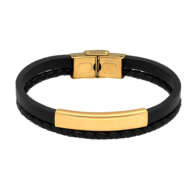 Herren-Armband doppelt, Kunstleder mit Edelstahl-Platte — Gold