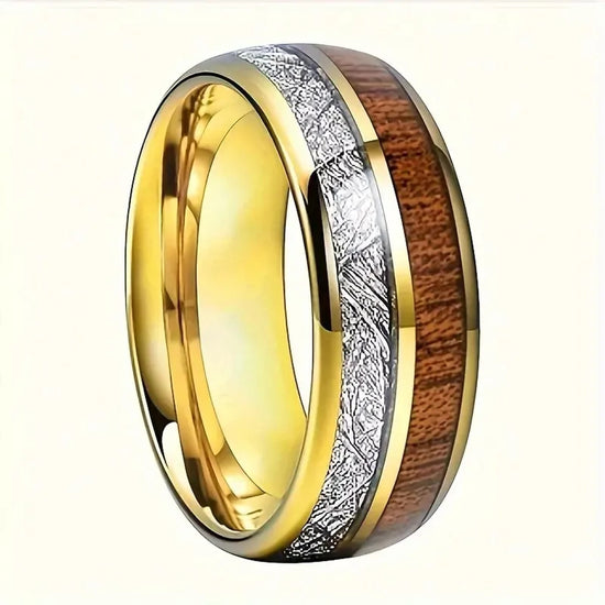 Herrenring Edelstahl gold – Holzoptik & Silberstreifen