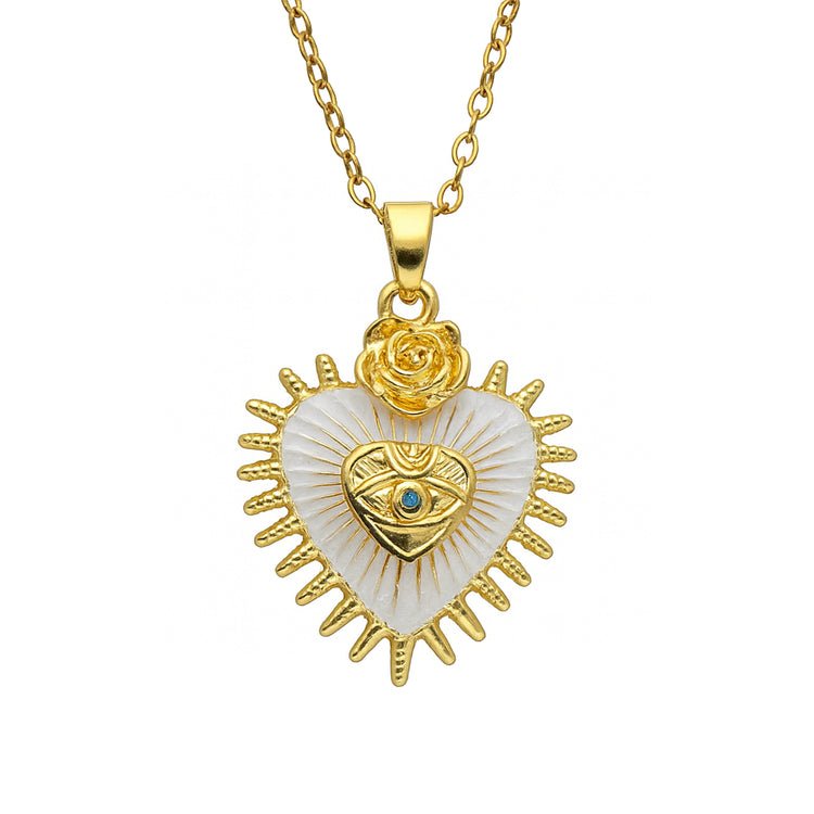 Herz-Anhänger Kette Evil Eye & Rose – weiße Emaille, vergoldet