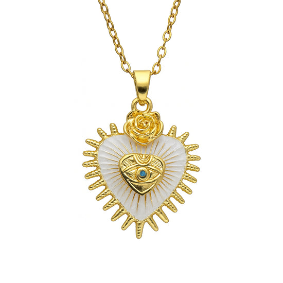 Herz-Anhänger Kette Evil Eye & Rose – weiße Emaille, vergoldet