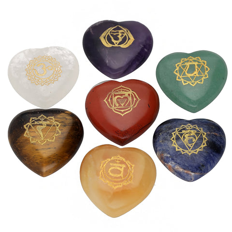 7 Chakra Edelstein-Set Herzform – 7 Steine je 20 mm, Naturstein