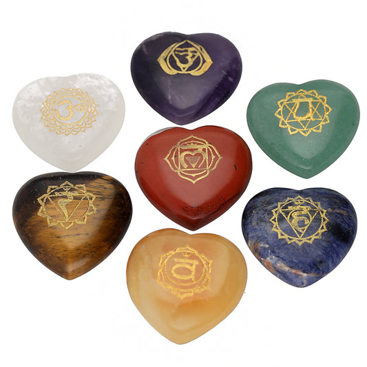 7 Chakra Edelstein-Set Herzform – 7 Steine je 20 mm, Naturstein