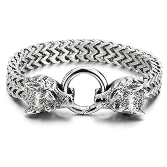 Herren-Armband Wolfskopf — Edelstahl-Mesh-Kette, 21 cm