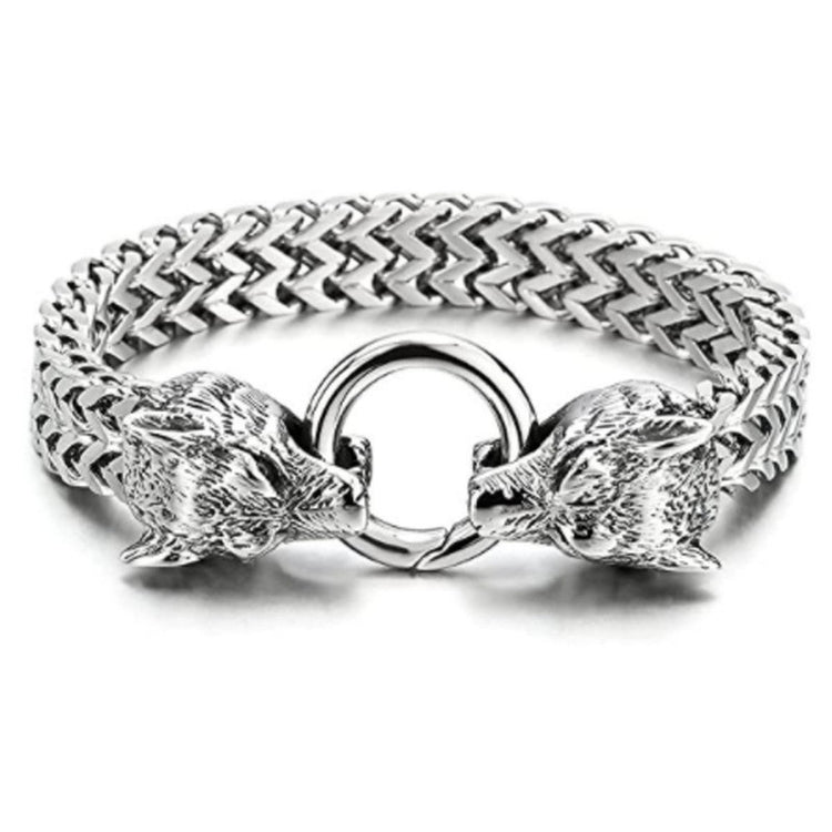 Herren-Armband Wolfskopf — Edelstahl-Mesh-Kette, 21 cm