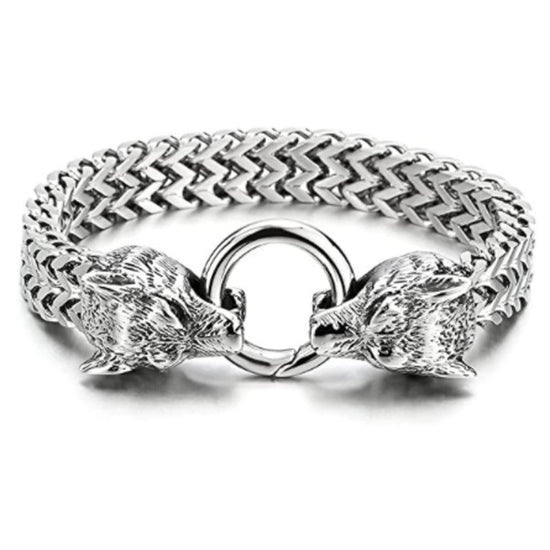 Herren-Armband Wolfskopf — Edelstahl-Mesh-Kette, 21 cm