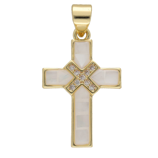Kreuz-Anhänger mit Muschel und Zirkonia, goldfarben