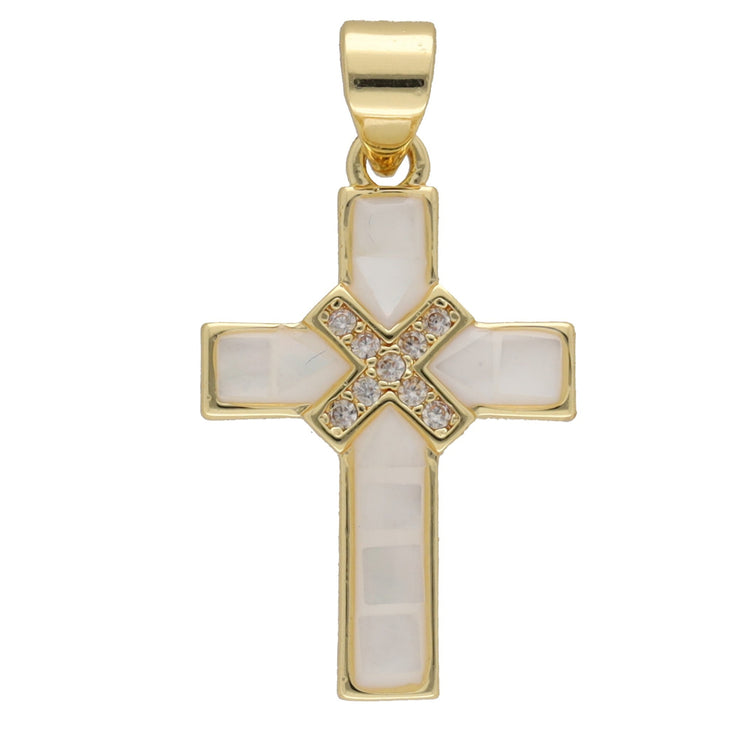 Kreuz-Anhänger mit Muschel und Zirkonia, goldfarben