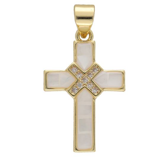 Kreuz-Anhänger mit Muschel und Zirkonia, goldfarben