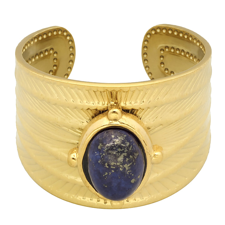 Lapislazuli Ring – breiter Ring mit Federstruktur, Edelstahl vergoldet