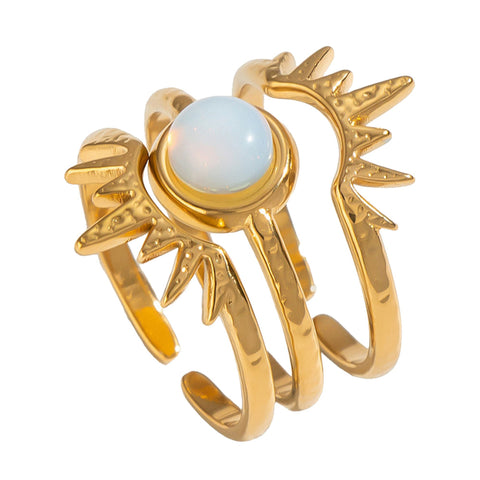 Opalit Ring-Set Sonne, 3 offene Ringe aus Edelstahl, 18 Karat vergoldet