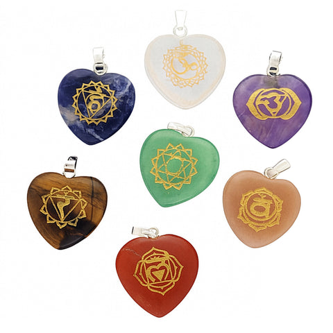 Chakra Set 7 Herzanhänger – Edelstein 20 mm mit Silberöse