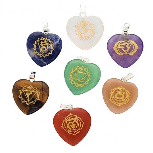 Chakra Set 7 Herzanhänger – Edelstein 20 mm mit Silberöse