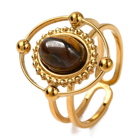 Tigerauge Ring oval, Edelstahl goldfarben, offen
