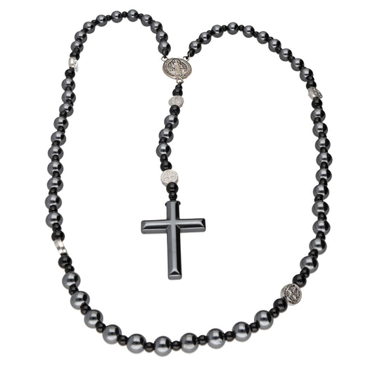 Rosenkranz Hämatit 8 mm – Kreuz & Benedikt-Medaille, 68 cm
