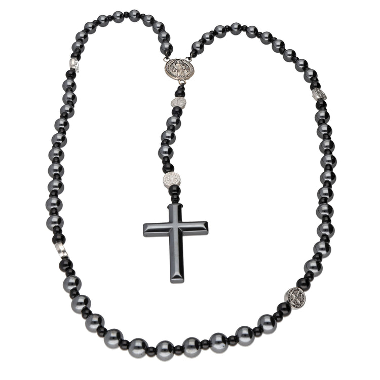 Rosenkranz Hämatit 8 mm – Kreuz & Benedikt-Medaille, 68 cm