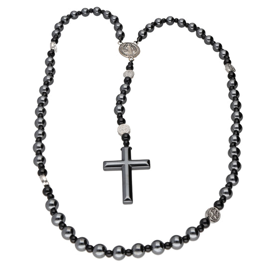Rosenkranz Hämatit 8 mm – Kreuz & Benedikt-Medaille, 68 cm