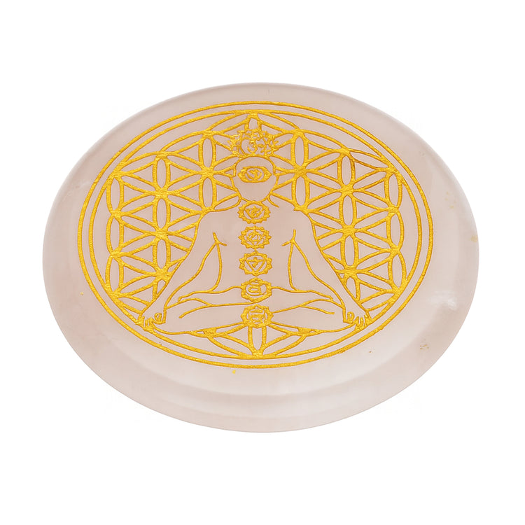 Rosenquarz Scheibenstein mit goldener Chakra-Gravur, ca. 50 mm
