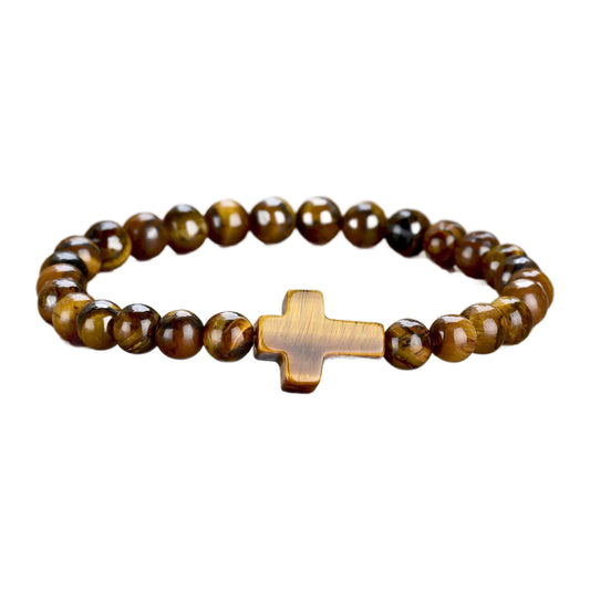 Edelstein-Armband mit Steinkreuz — 6 mm Perlen, elastisch