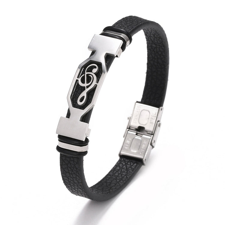 Herren-Armband Notenschlüssel — Leder, Edelstahl-Plakette, 21,5 cm