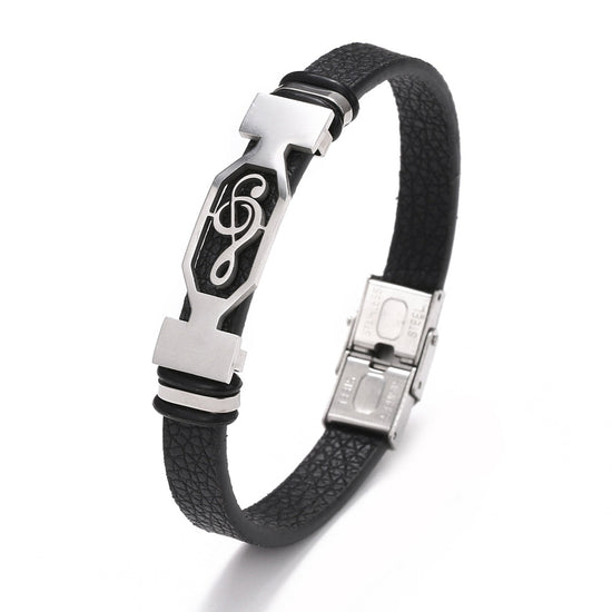 Herren-Armband Notenschlüssel — Leder, Edelstahl-Plakette, 21,5 cm