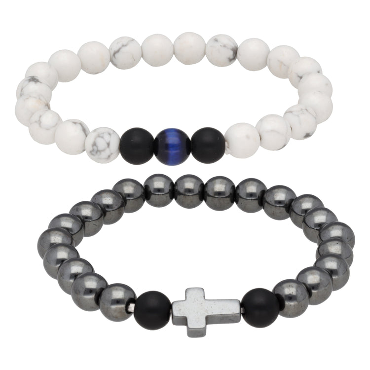 Armband-Set Herren Magnesit & Achat mit Kreuz – 2 Armbänder, 8 mm
