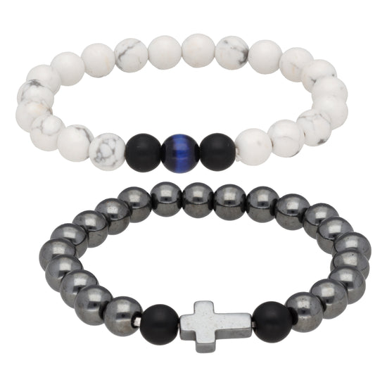 Armband-Set Herren Magnesit & Achat mit Kreuz – 2 Armbänder, 8 mm