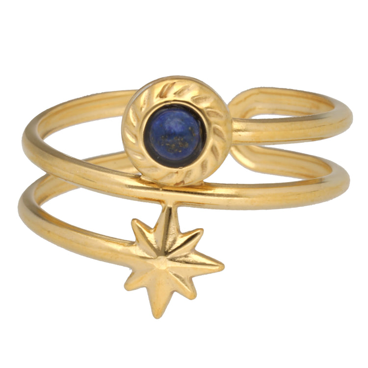 Lapislazuli Ring – Stern mit doppelter Schiene, Edelstahl vergoldet
