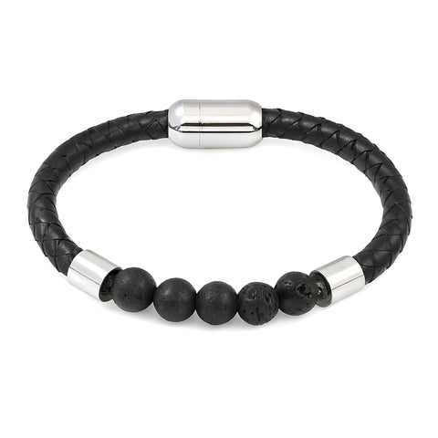 Lederarmband mit Steinperlen — Lavastein / Stahlfarben
