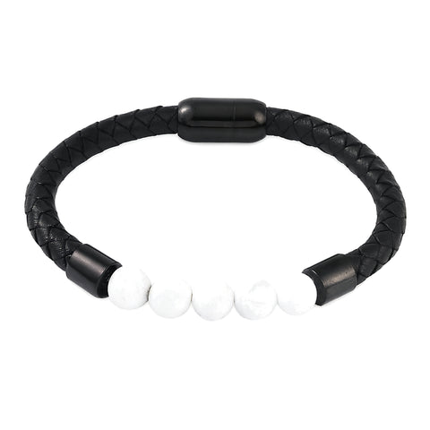 Lederarmband mit Steinperlen — Magnesit / Schwarz