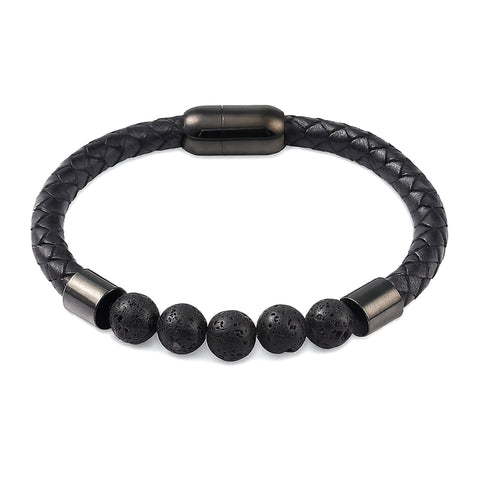 Lederarmband mit Steinperlen — Lavastein / Schwarz