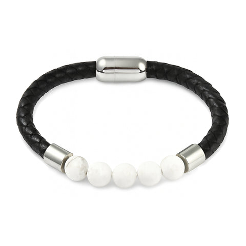 Lederarmband mit Steinperlen — Magnesit / Stahlfarben