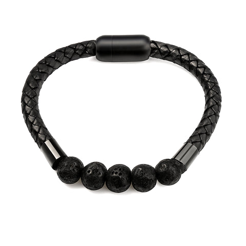 Lederarmband mit Steinperlen — Lavastein matt / Schwarz
