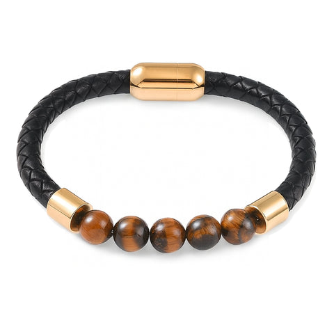 Lederarmband mit Steinperlen — Tigerauge / Gold