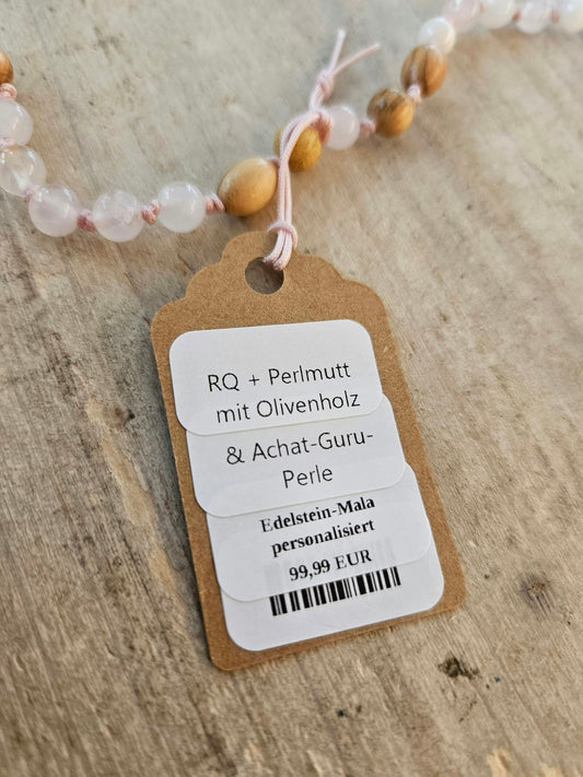 108-Perlen Mala aus Rosenquarz, Perlmutt und Olivenholz – Handgeknüpfte Gebetskette mit Achat-Guru-Perle