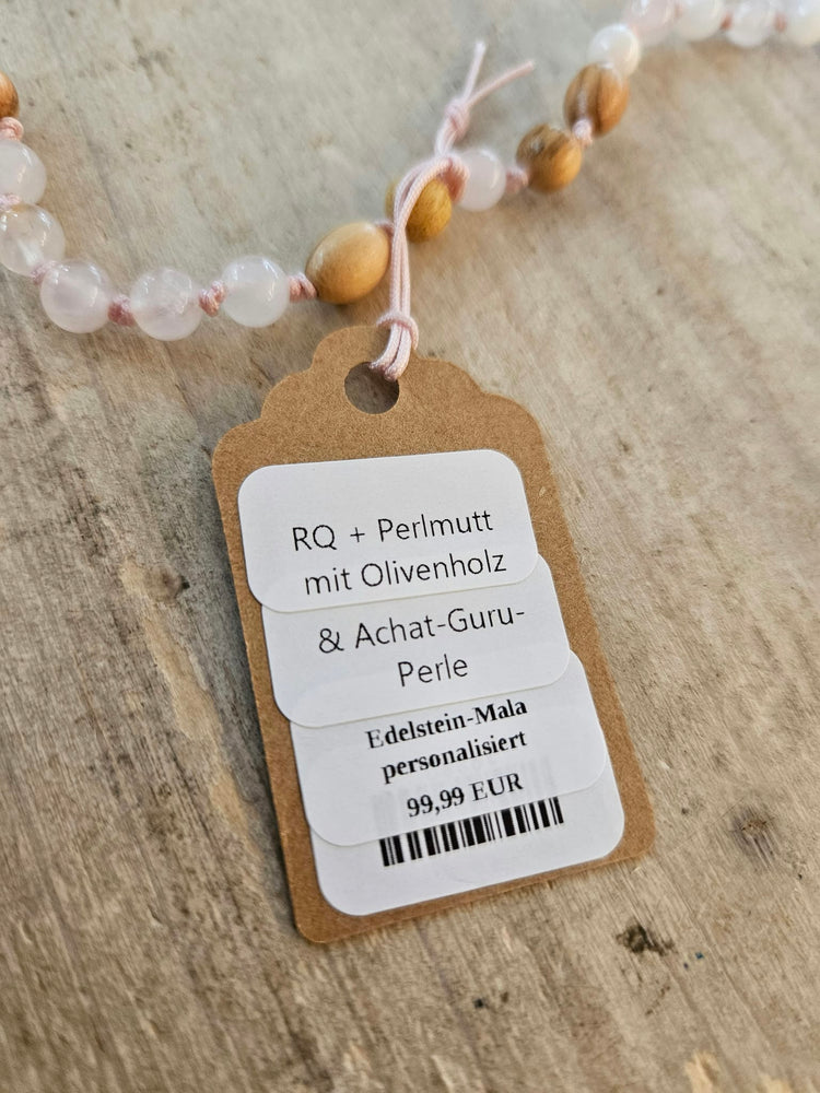 108-Perlen Mala aus Rosenquarz, Perlmutt und Olivenholz – Handgeknüpfte Gebetskette mit Achat-Guru-Perle