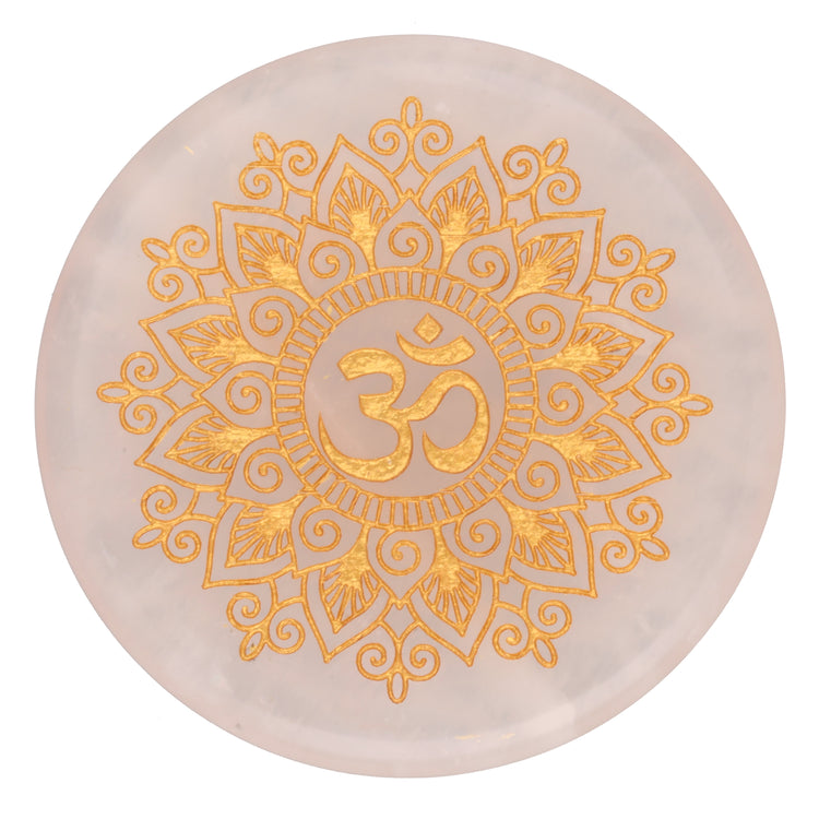 Rosenquarz Scheibenstein mit goldener Ohm Gravur