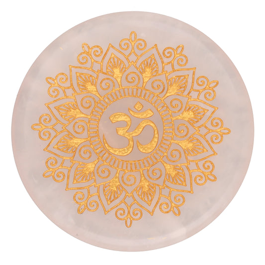 Rosenquarz Scheibenstein mit goldener Ohm Gravur
