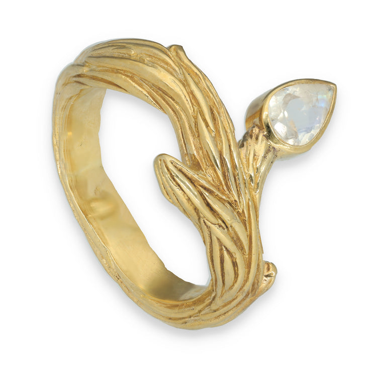 Jugendstil Weißer Labradorit (Regenbogenmondstein) Ring I Elegantes Vergoldetes 925er Silber I Organisches Efeublatt Design