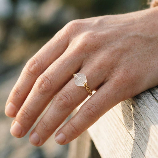 Bergkristall Ring mit Kupferdraht – Sternschliff, Ø 20 mm