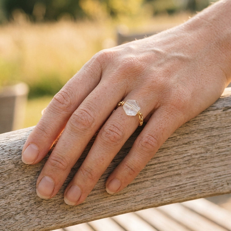 Bergkristall Ring mit Kupferdraht – Sternschliff, Ø 20 mm