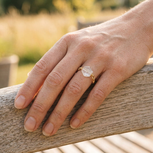 Bergkristall Ring mit Kupferdraht – Sternschliff, Ø 20 mm
