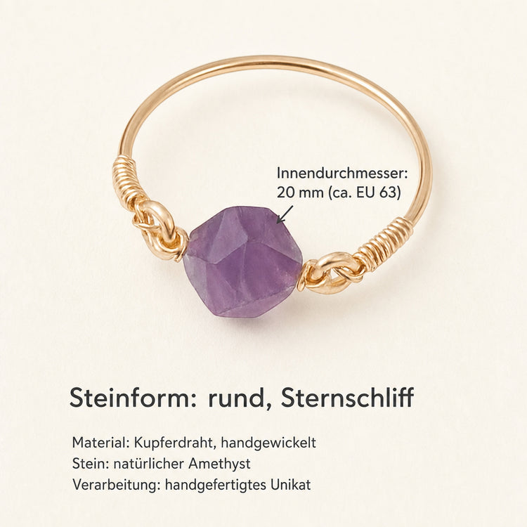 Amethyst Kupferring handgewickelt – Sternschliff Unisex