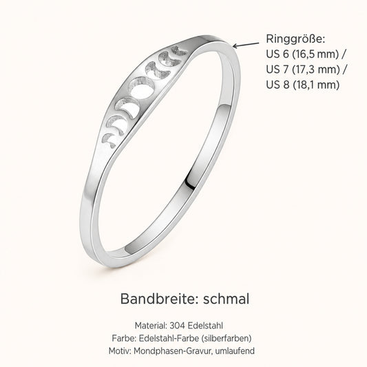 Mondphasen-Ring Edelstahl – schmaler Fingerring, silberfarben