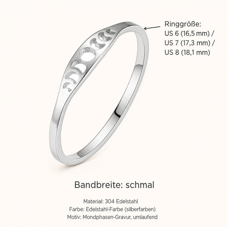 Mondphasen-Ring Edelstahl – schmaler Fingerring, silberfarben