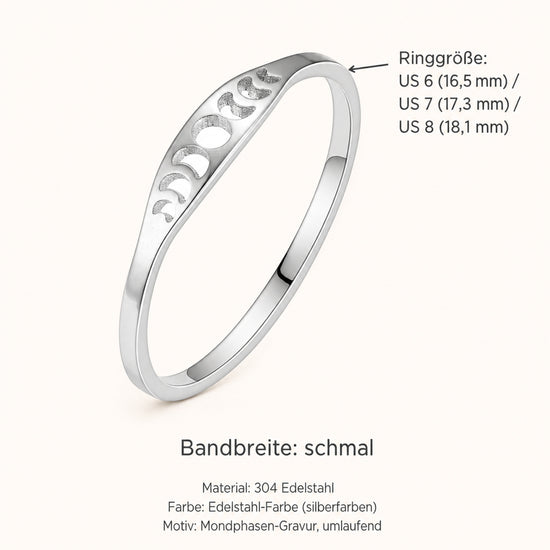 Mondphasen-Ring Edelstahl – schmaler Fingerring, silberfarben