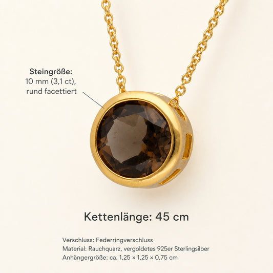 Rauchquarz Solitär-Anhänger mit Kette | vergoldetes 925er Silber | 45 cm